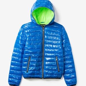 Noize Blue Glossy Vegan Puffer Jacket with Neon Green Lining NWT